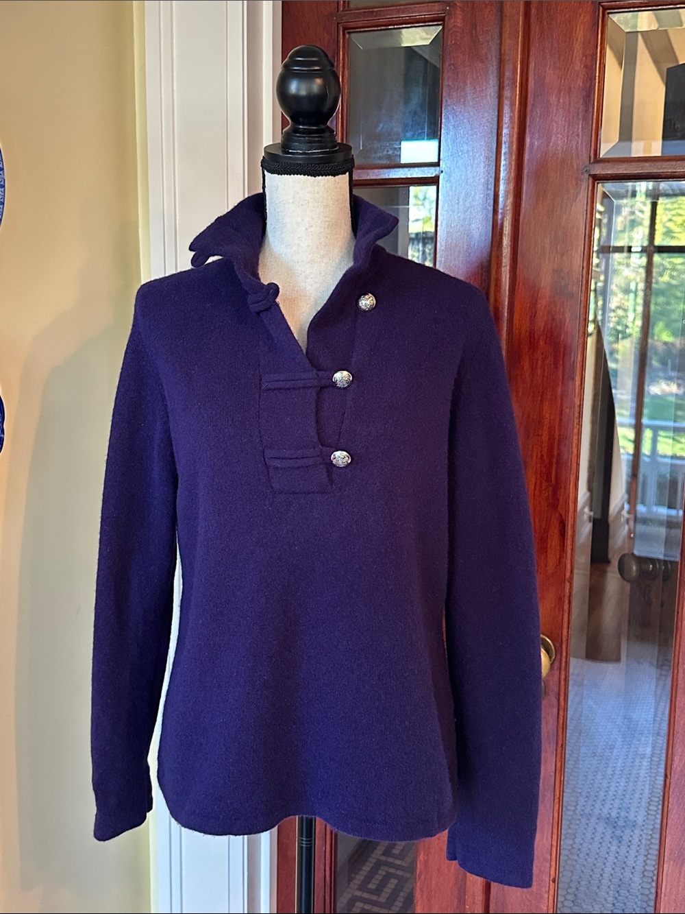 LRL | Lambswool Deep Purple Toggle Button Mock Neck Sweater, Size XL